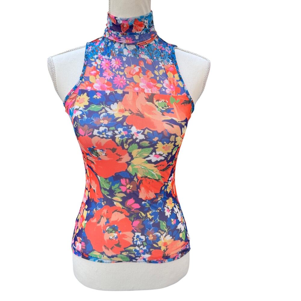 NWT AFRM Floral Mesh Turtleneck Top Womens Size XS Mock Neck Sheer Multicolor